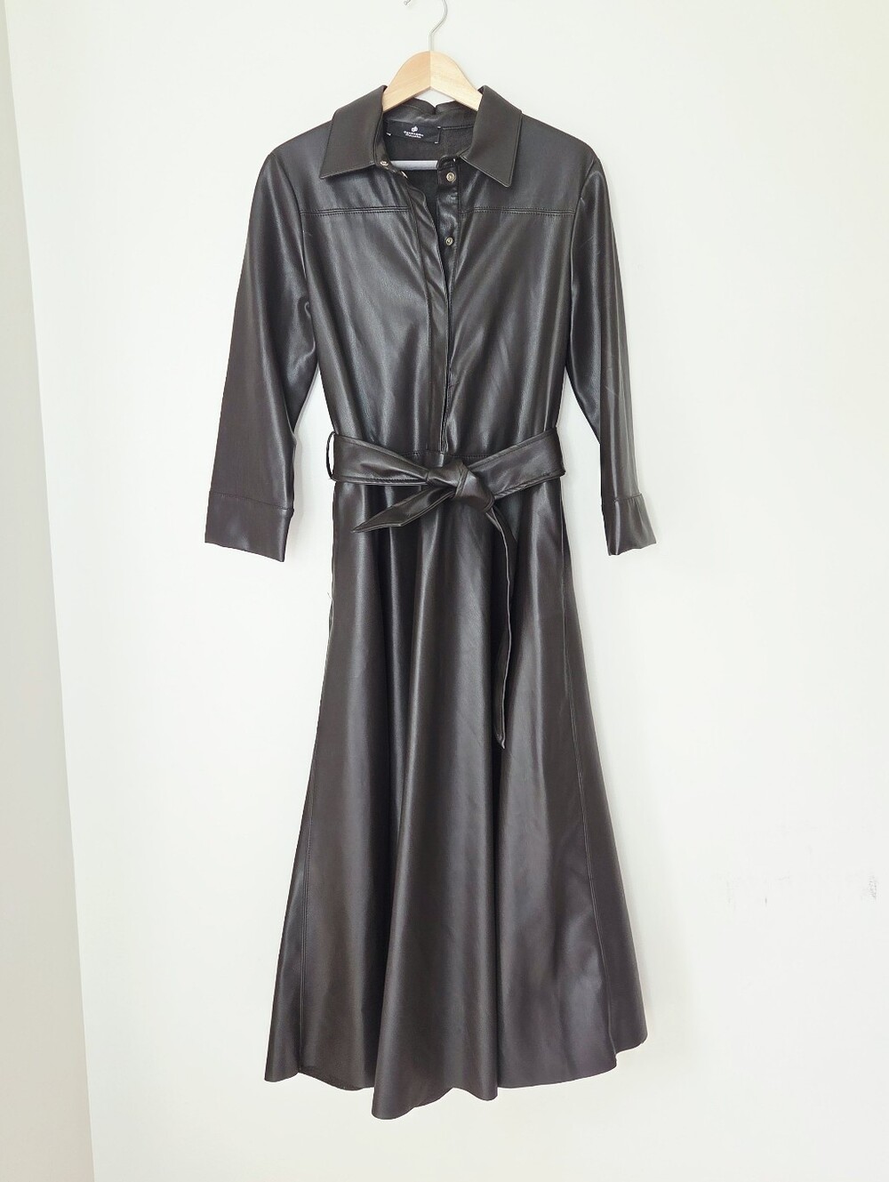 Compagnia Italiana Faux Leather Midi Dress Chocolate Brown Belted Size 8 Med 46